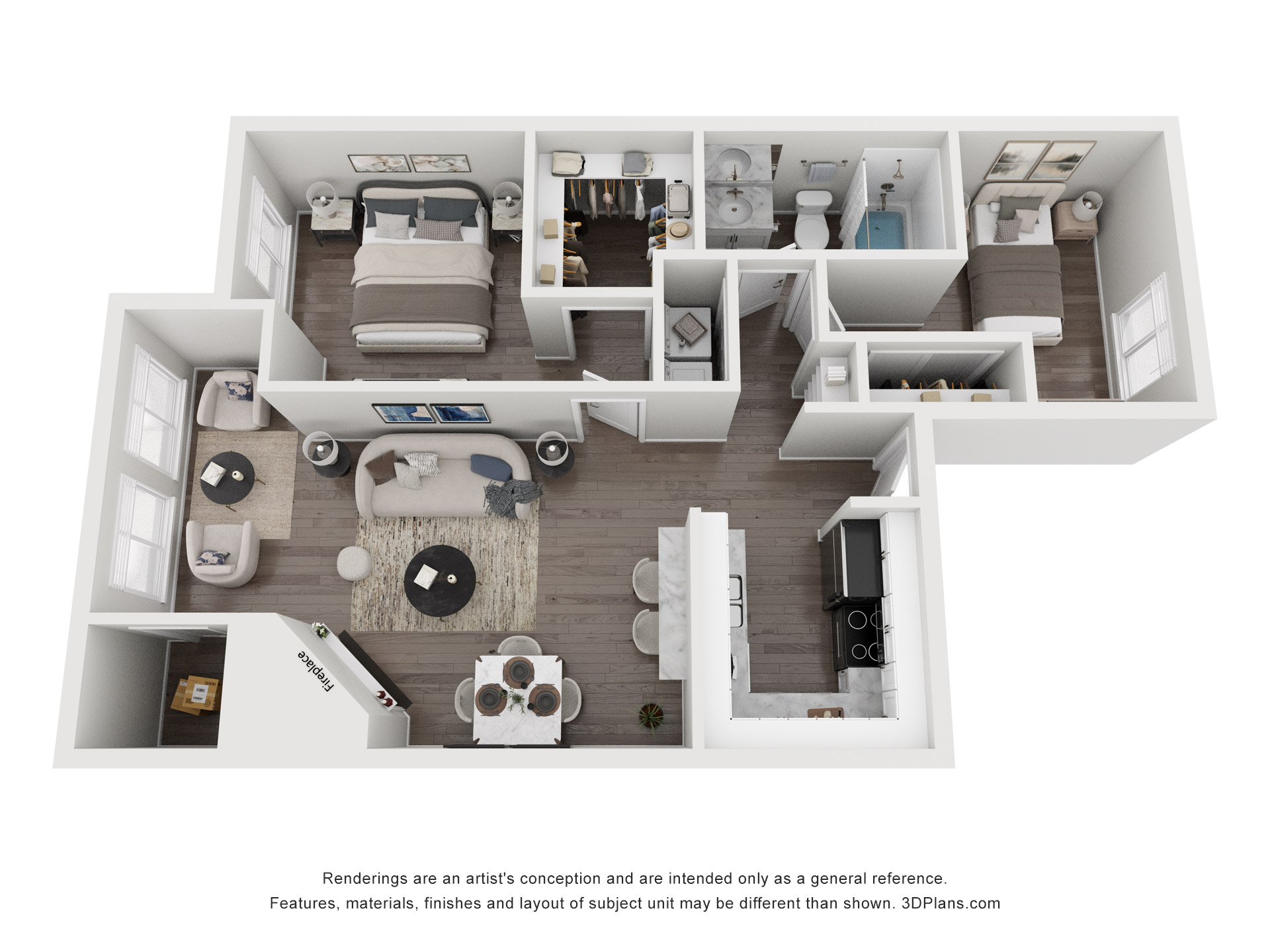 Floor plan for 2 beds, 1 bath, 1005 sqft